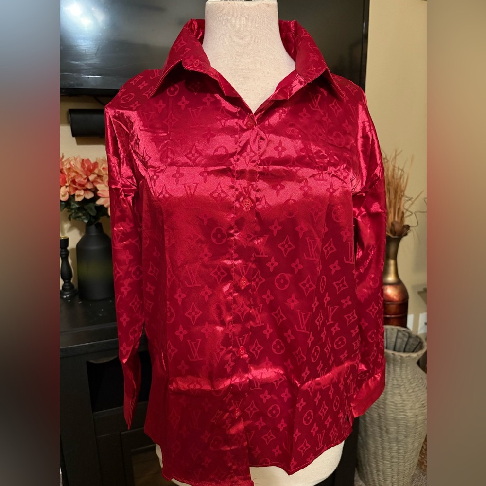 Red Satin Monogram Button Down Top